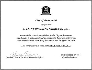 Reliant Minority Certificate - City of Beaumont - PDF File